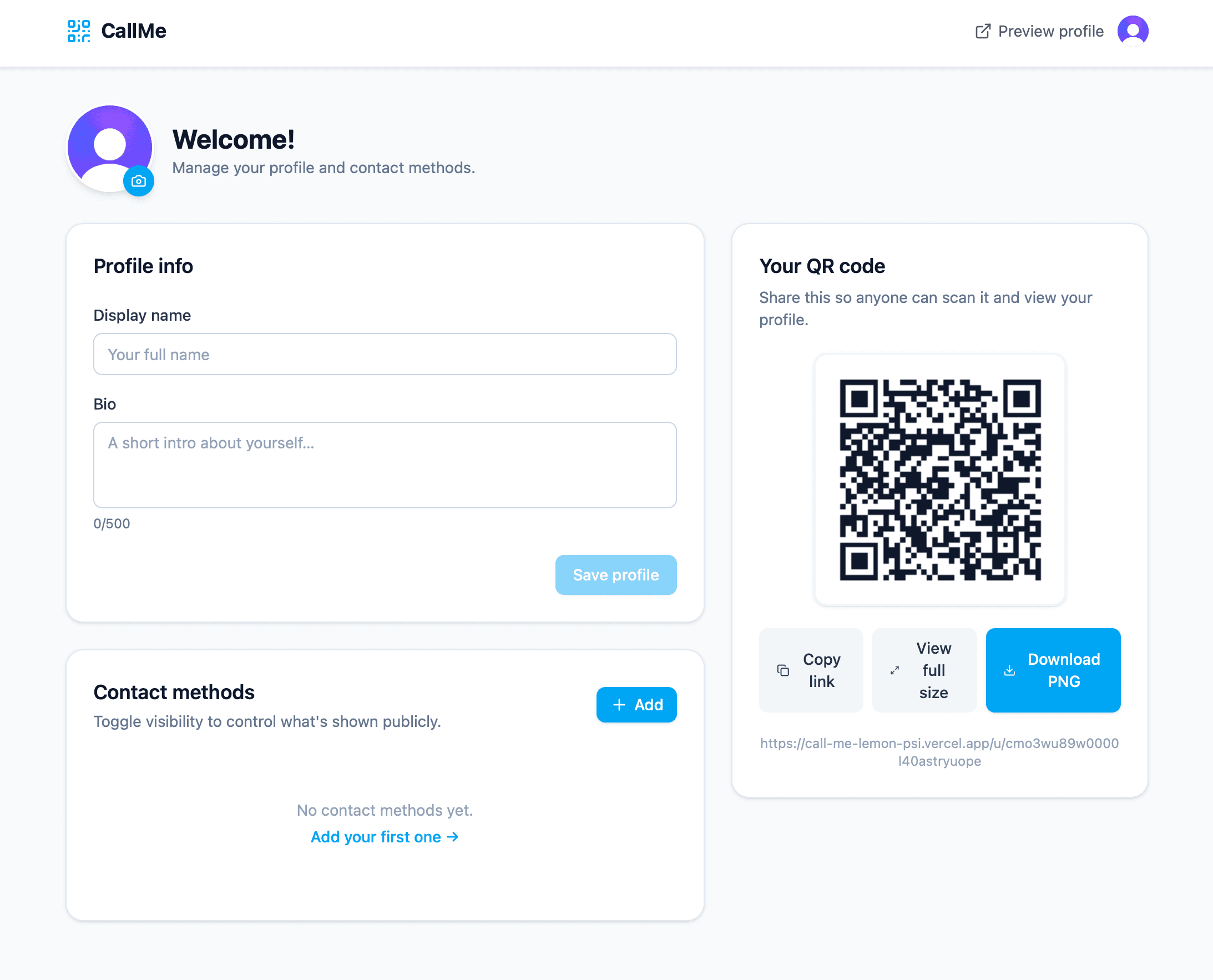 CallMe dashboard view