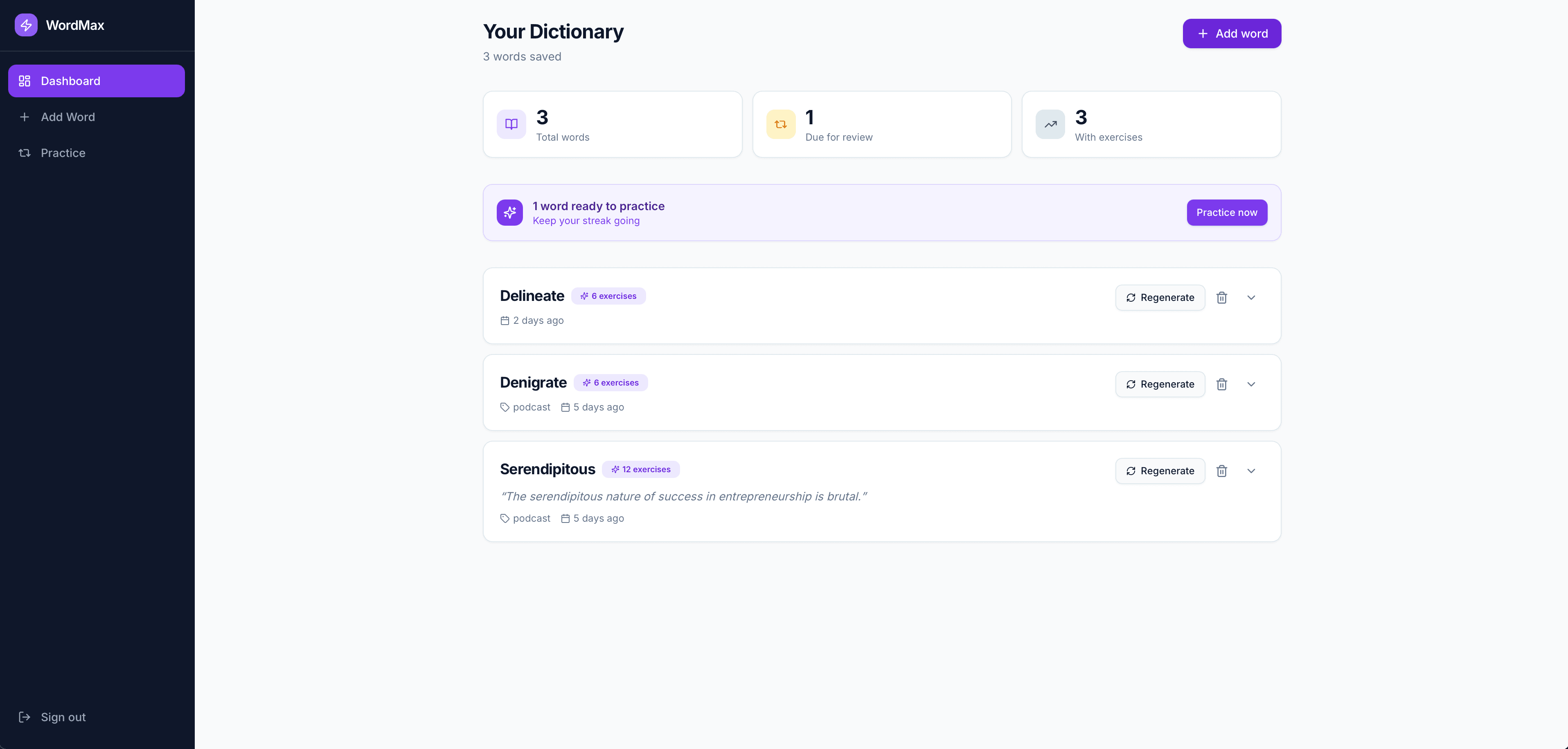 WordMax dashboard view