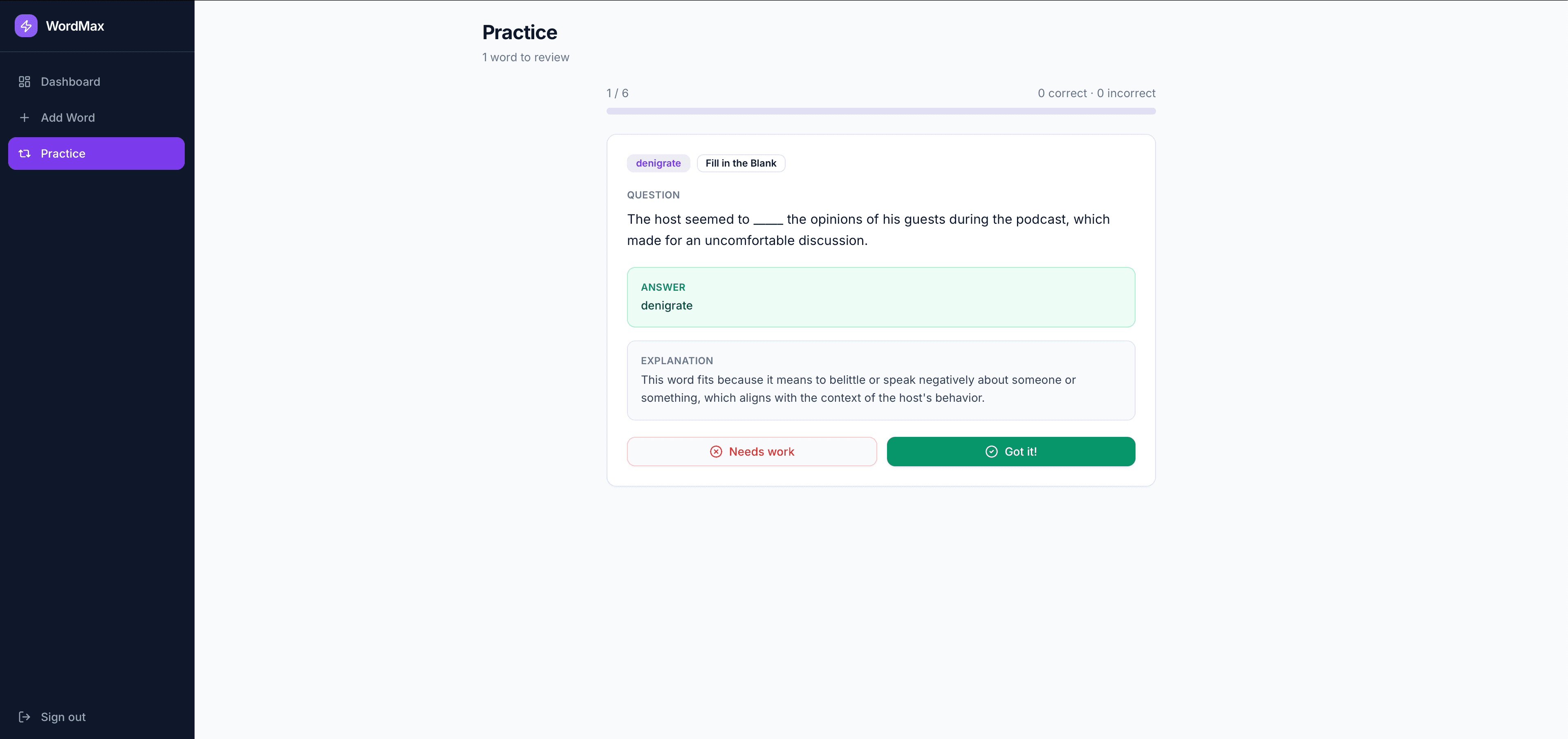 WordMax practice session interface